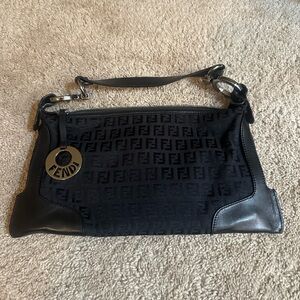 Fendi Black Zucchino Shoulder Bag with Logo Charm